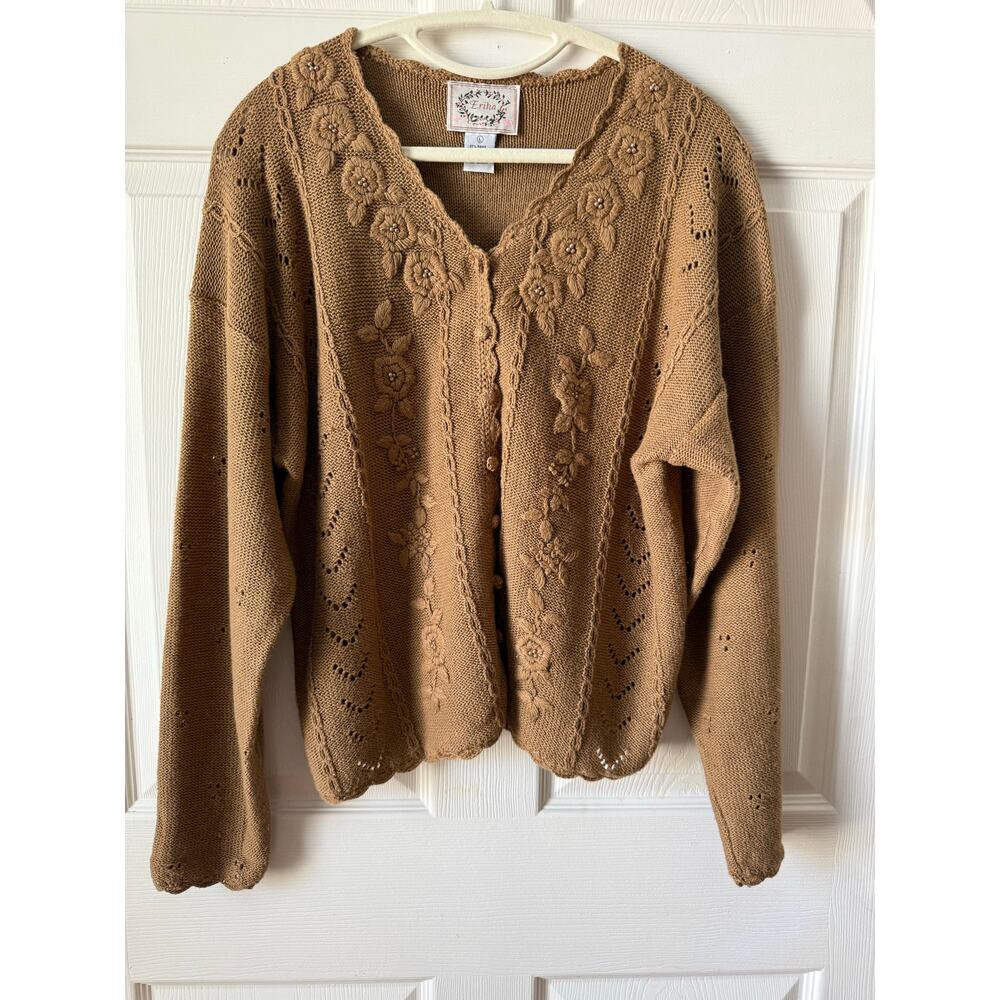 Erika Vintage 90s Tan‎ Embroidered Ramie Cotton Cardigan Sweater Large Cottage